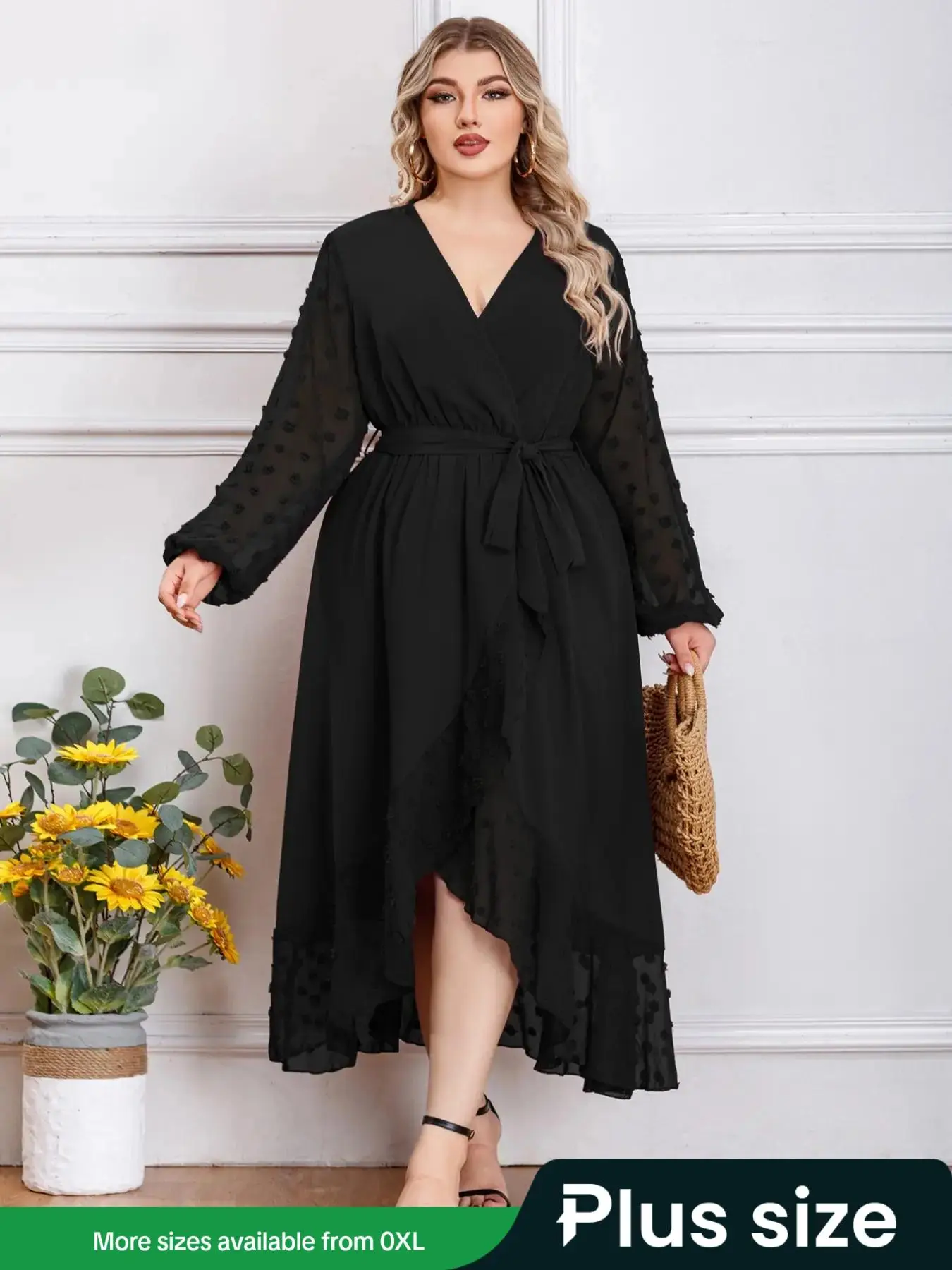 Plus Size Swiss Dot V Neck Belted Sheer A Line Dress, Elegant Long Sleeve High Waist Wrap Long Dress for Spring & Fall, Women's Plus Size Clothes