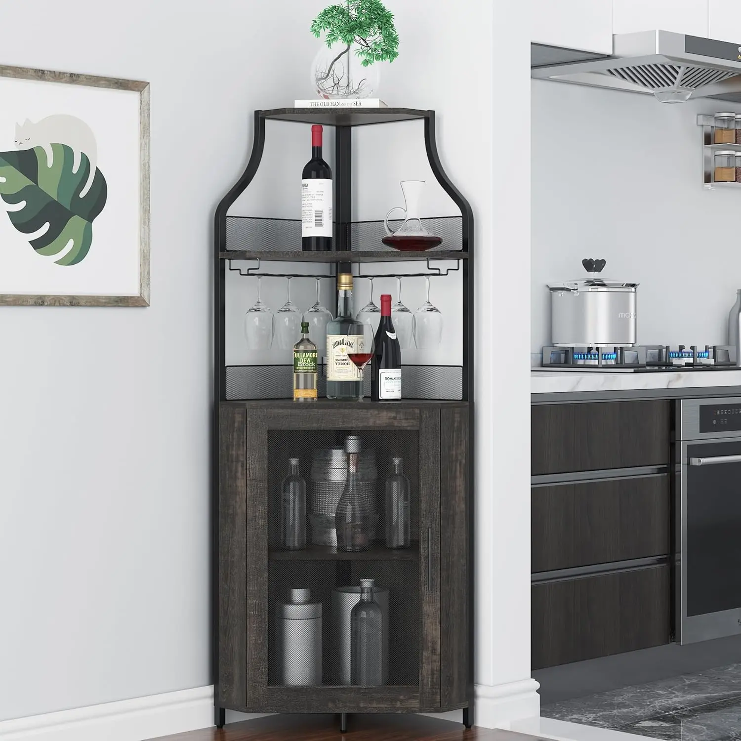 【Christmas Gift】Corner Bar Storage Cabinet, 5-Tier Farmhouse Liquor Cabinet with Glass Holder Wine Cabinet with Barn Door & Adjustable Shelf, Home Bar Storage for Home,Dining Room, Kitchen, Oak Gray
