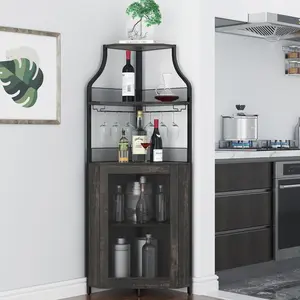 【Christmas Gift】Corner Bar Storage Cabinet, 5-Tier Farmhouse Liquor Cabinet with Glass Holder Wine Cabinet with Barn Door & Adjustable Shelf, Home Bar Storage for Home,Dining Room, Kitchen, Oak Gray