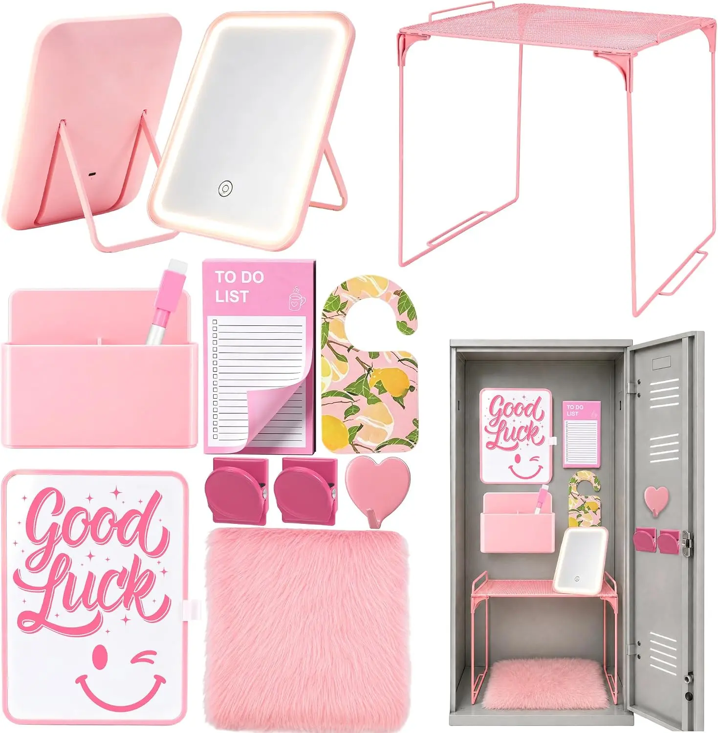 New Pink Locker Accessories For Girls, Complete Locker Decorations Set With Mirror, Shelf, Whiteboard, Pen Cup, Magnetic Notes And Cute Decor, Back To School Gift