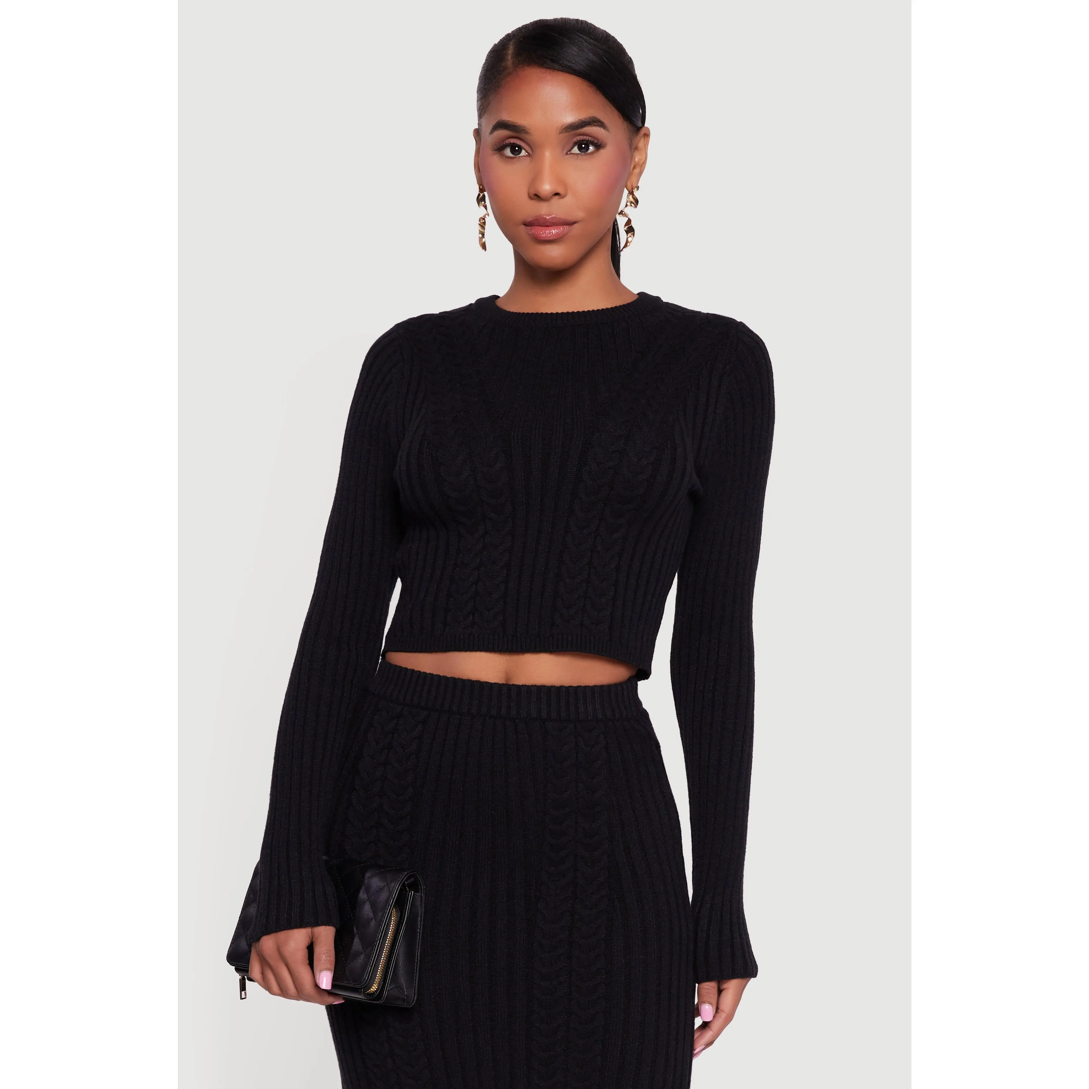 Ribbed Knit Trim Cropped Cable Knit Sweater