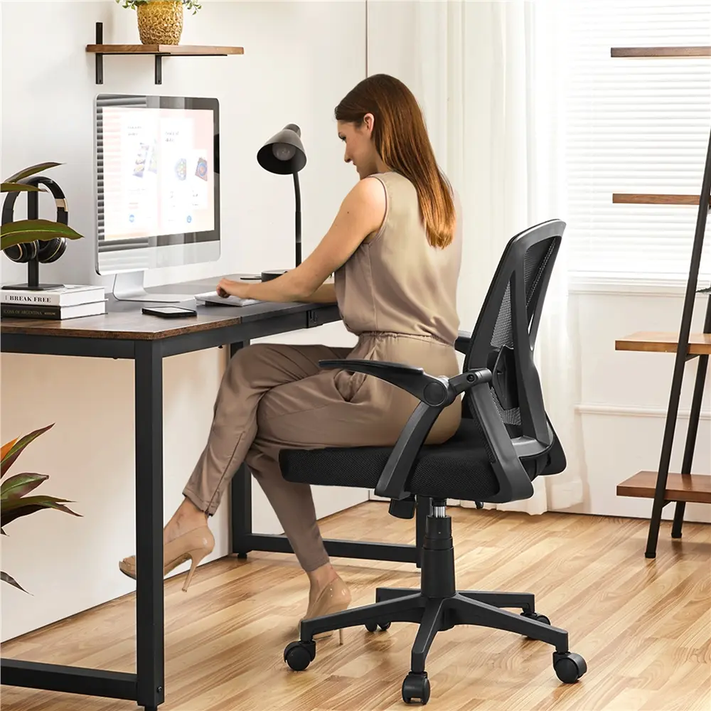 Yaheetech Ergonomic Office Desk Chair - 90° Flip-up Armrests, Adjustable Lumbar Support, Cushioned Seat, Height-Adjustable Swivel Chair, Black, SGS-Certified Commercial Home Furniture