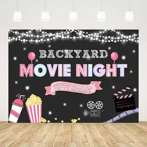 7x5ft  Girl Movie Night Backdrop Backyard Projector Popcorn Sparkling Drink Background Happy Birthday Party Decorations Cake Table Banner Decor Props Supplies