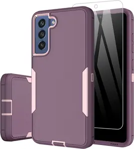 for Samsung Galaxy S21 FE 5G Case, and Glass Screen Protector, Dust Proof Port Cover, Full Body Protection Durable Rubber Cover Phone Case, Purple