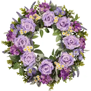 24 Inch Purple Rose Wreath for Front Door, Spring Summer Floral Wreath with Hydrangea Lavender Daisy, Artificial Flowers Wreath for Outdoor Porch Indoor Home Wall Decor