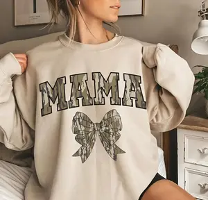 Oldschool MAMA Camo Coquette Bow Sweatshirt - Unisex Cotton Round Neck Tee MAMA and Bow Design for Moms, Mother's Day Gift