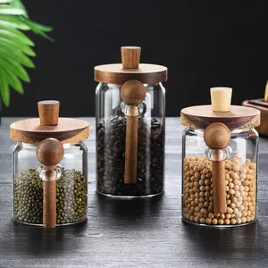 Glass Jar with Wooden Lid and Spoon,  Food Storage Containers Coffee Jar Coffee Grounds Container, Glass Food Storage Canister