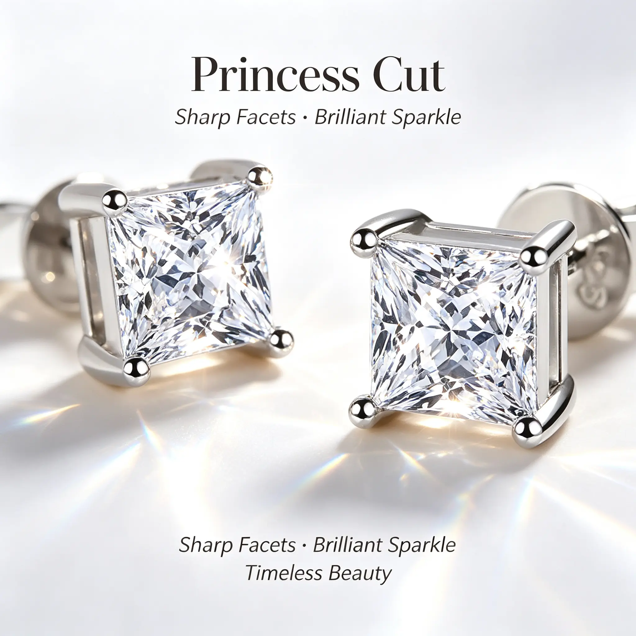 S925 Sterling Silver Stud Earrings for Women, Brilliant 2CT Princess Cut VVS Moissanite, Classic Hypoallergenic Tarnish-Free Jewelry Gift Choice, Earrings Studs, Brilliant Stud Earrings