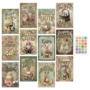 12pcs Vintage Easter Wall Postcards with sticker, Retro Bunny, Easter Egg, Flowers, Floral and Happy Easter Designs - Perfect for Holidays, Souvenirs & Bedroom Decor, Scrapbooking, Junk Journal, Crafts and Gift Cards, Easter Postcards
