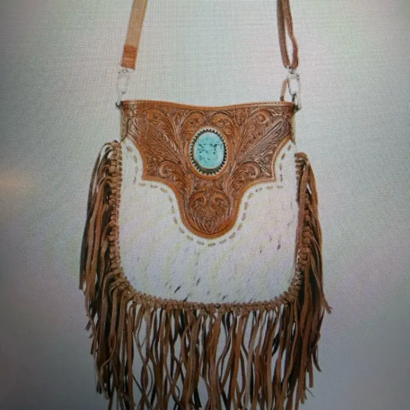 Loyal West Painted Desert Tassel Bag - Women's Adjustable Crossbody Shoulder Purse with Turquoise Stone, Embossed Leather Design, Crossbody Shoulder Purses