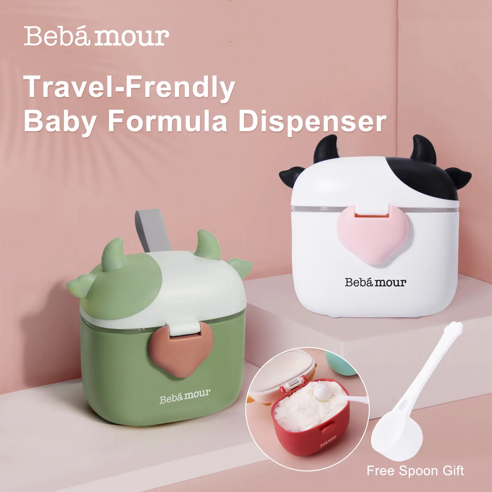 [Summervibes] BEBAMOUR Travel-Friendly Airtight Seal Formula & Milk Powder Storage Container - Soft Handles, On-the-Go Dispenser with Scoop & Leveller for Baby Nursing, Candy Fruit Snack Storage