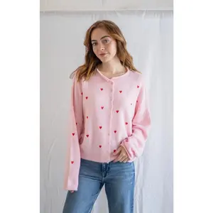 In The Moment Cardigan - Pink w/ Red Hearts