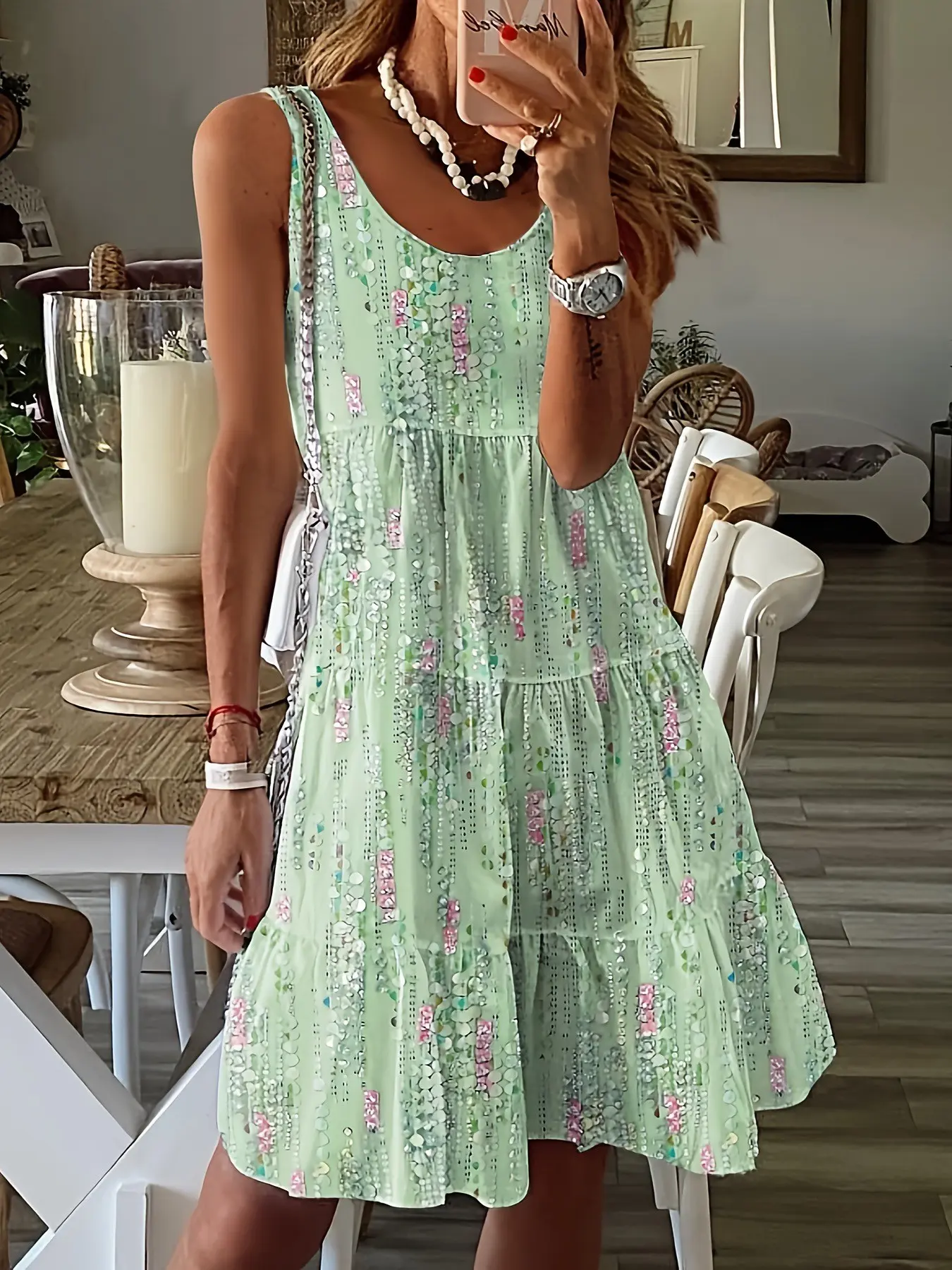 New Vacation Dress Casual Fashion Bohemian Casual Trendy Boho Floral Printed Casual wear Floral Print Loose Round Neck Sleeveless Mid-Length Dress, Women's Summer Clothing Womenswear, Boho Style Dresses Casual Sundress