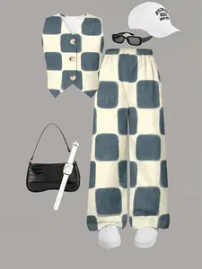 Girls' Vintage Chessboard Pattern 3D Printed Set, Blue Vest Wide Leg Pants Two-Piece, Spring Casual Kids Clothing