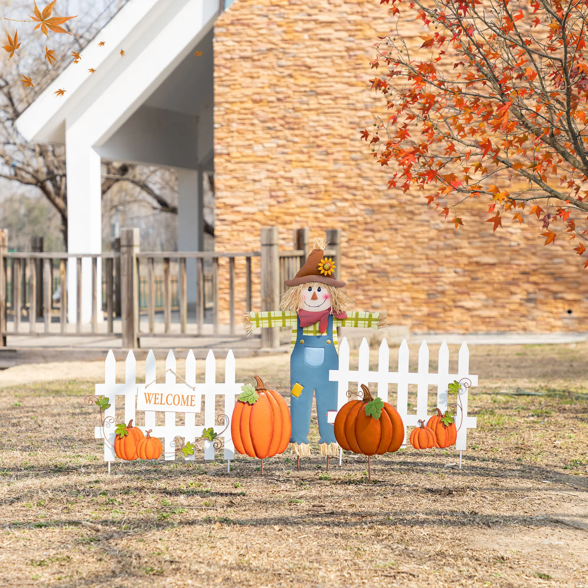 Glitzhome 30.75"H S/5 Fall Metal Scarecrow Decor with Pumpkin, Fence Yard Stake, Hat, Ornaments - Outdoor Decorations, Signs (KD), Set
