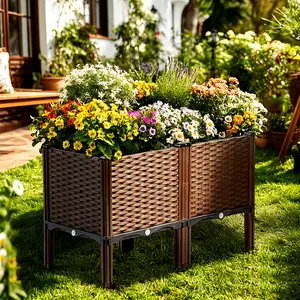 Square Elevated Planter Box with Drainage All-Weather for Balcony Garden Lawn Outdoor Railing Vegetable Flower Planting open bottom design self watering coco liner Bonsai Tree Starter Kit DIY Craft Double-Flowered Moss Rose Seeds Heirloom Non-GMO Summervi