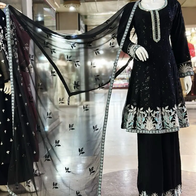 Midnight Elegance Chiffon Embroidered 3-Piece plazo Suit