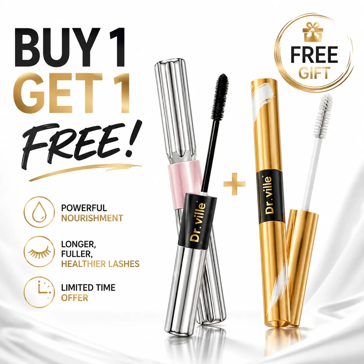【Buy 1 Get 1 Free】Dr.ville Dual-Ended 2-in-1 Cosmetic Mascara, Lengthening & Volumizing, Waterproof Smudge-Proof Lightweight Daily Makeup with Strong Stay Power for Natural & Bold Lash Looks, Brush-On Mascara, Long-Wear Mascara