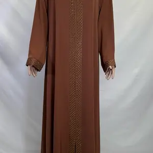 Brown Zippered Abaya with Rhinestones and Embroidered Designed Long Sleeve Dress