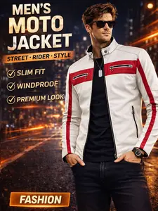 Men's Colorblock Motorcycle Leather Jacket, Stand Collar Zip PU Leather Coat, Racing Style Slim Fit Outerwear, Autumn Street Casual Riding Jacket, Motorcycle Streetwear