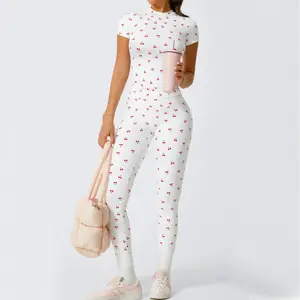 Cherry brushed yoga outfit set, high-waisted tight-fitting fitness wear, running sports women's short-sleeve long-pants set, cherry print T-shirt set