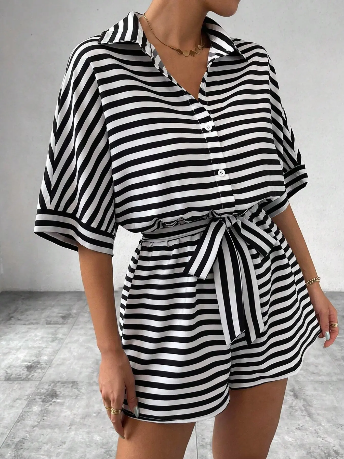 Women's Striped Shirt Romper, Button Down Collared Short Sleeve Romper, Waist Tie Casual Summer Playsuit, Womenswear