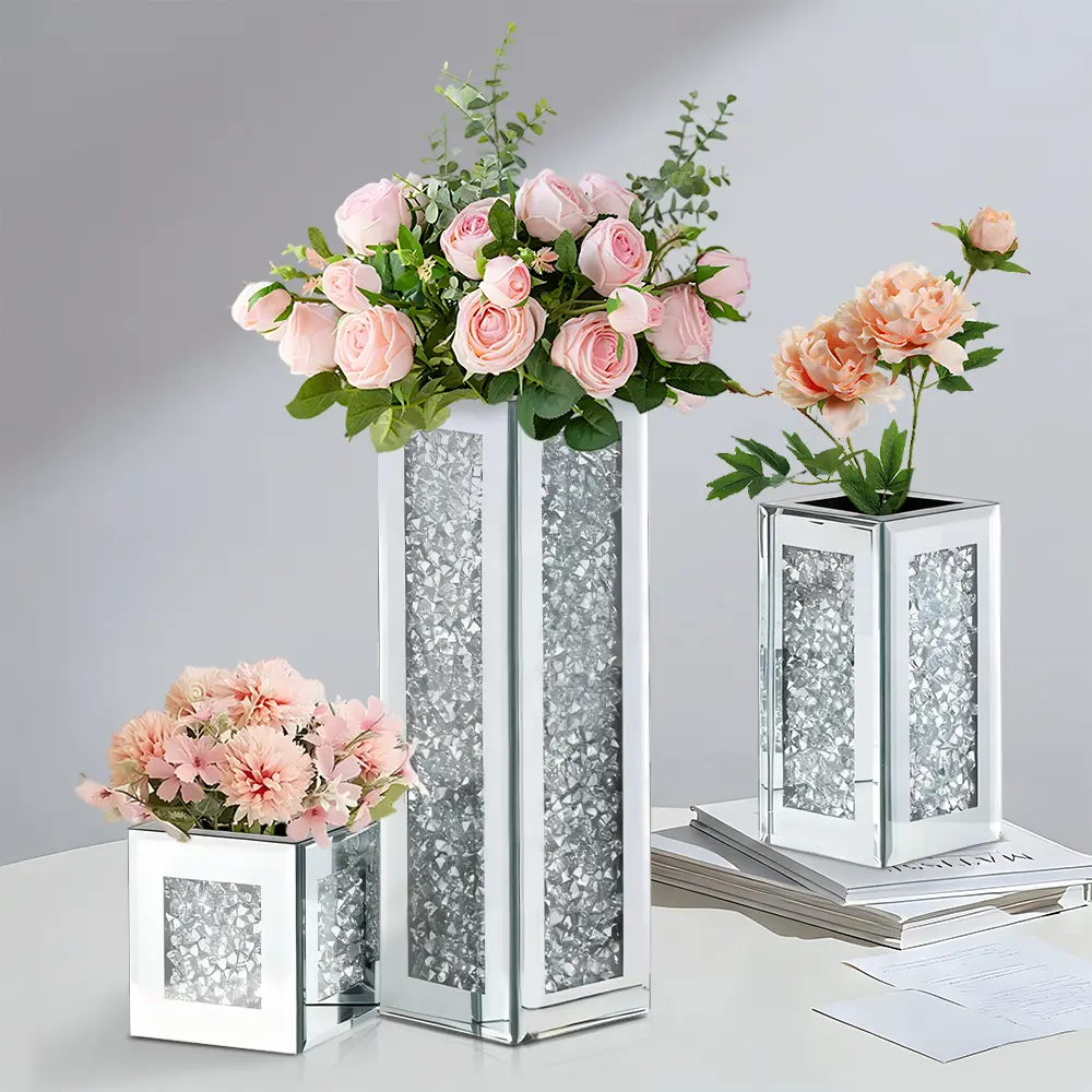 3Pcs Crushed Diamond Mirrored Vase, Silver Rectangle Glass Vases, Crystal Silver Glass Stunning Decorative Vase Flower Luxury, Christmas Centerpieces, Black Fridays Items - Can't Hold Water