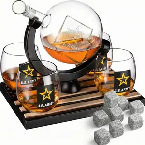 Army Globe Whiskey Decanter Set & 4 Liquor Glasses