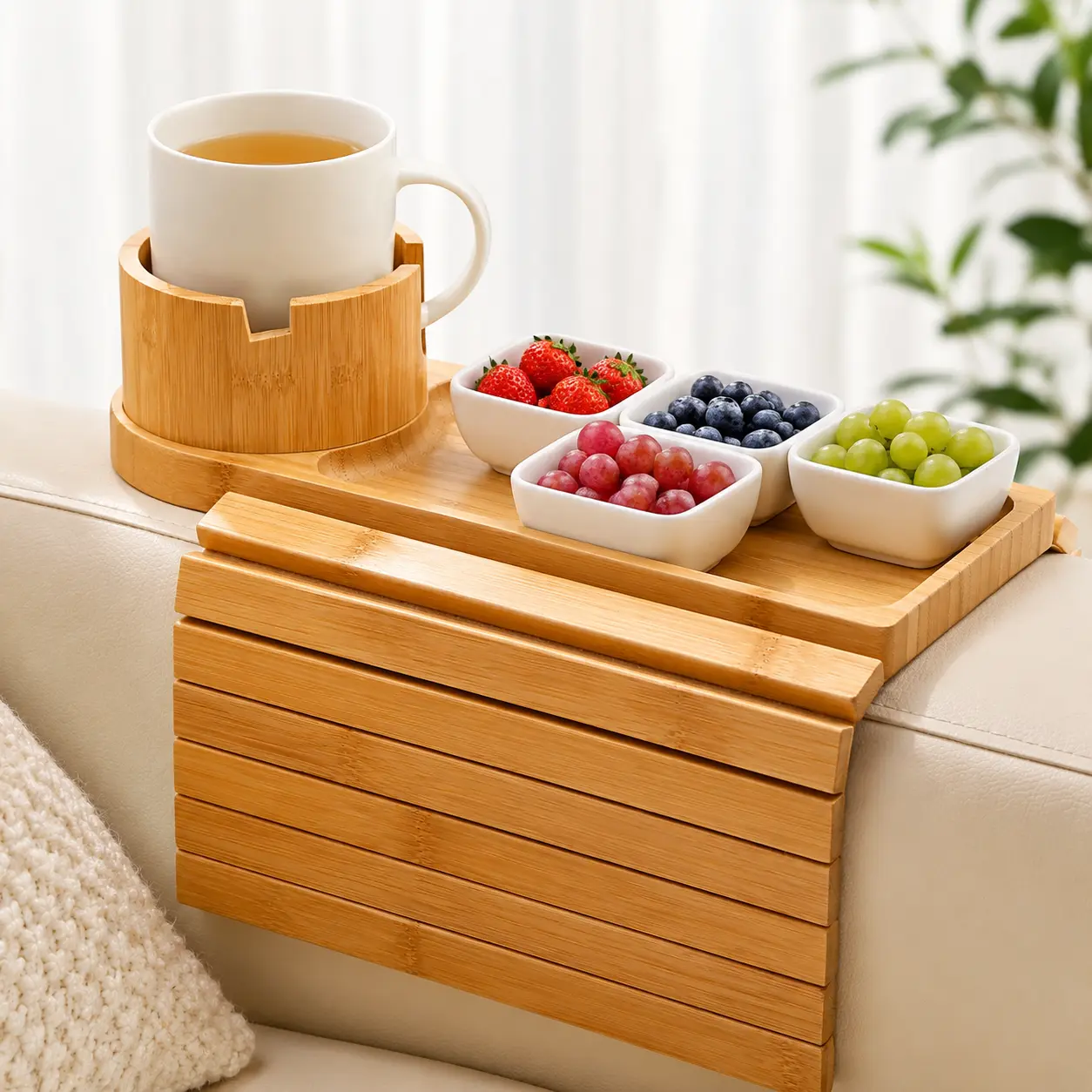 Bamboo Sofa Armrest Tray Table - Anti-Slip Couch Arm Organizer with Cup Holder, Phone Stand for Drinks, Snacks, Remote Control, Biodegradable Small Space Furniture for Living Room, Watch Party, Birthdays