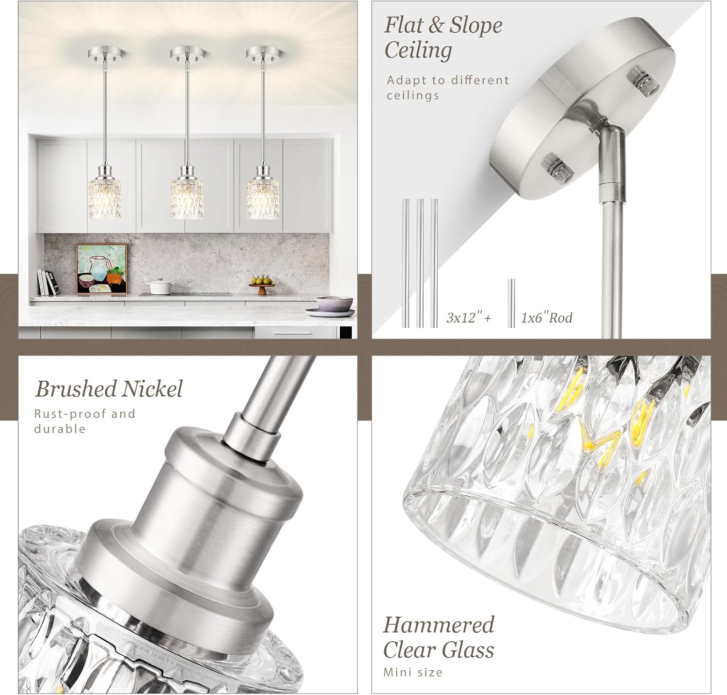 Glass Pendant Lights Kitchen Island, 1-Light Modern Brushed Nickel Mini Pendant with Drum Glass & Rods, Mini Hanging Light for Kitchen Sink Dining Room Bathroom         ？ ？