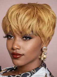 Human Hair Wig Pre-Plucked, Short Pixie Cut Bob Style with Bangs, Casual Look, Non-Lace Design, Full Machine-Made Quality