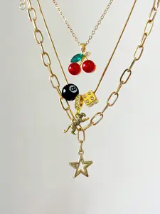 Small Leopard Cherry Necklace Set 3pcs, 8 Ball Dice Charm Necklace, Cherry Necklace, Fashion Street Star Necklace, Classic Small Leopard Necklace