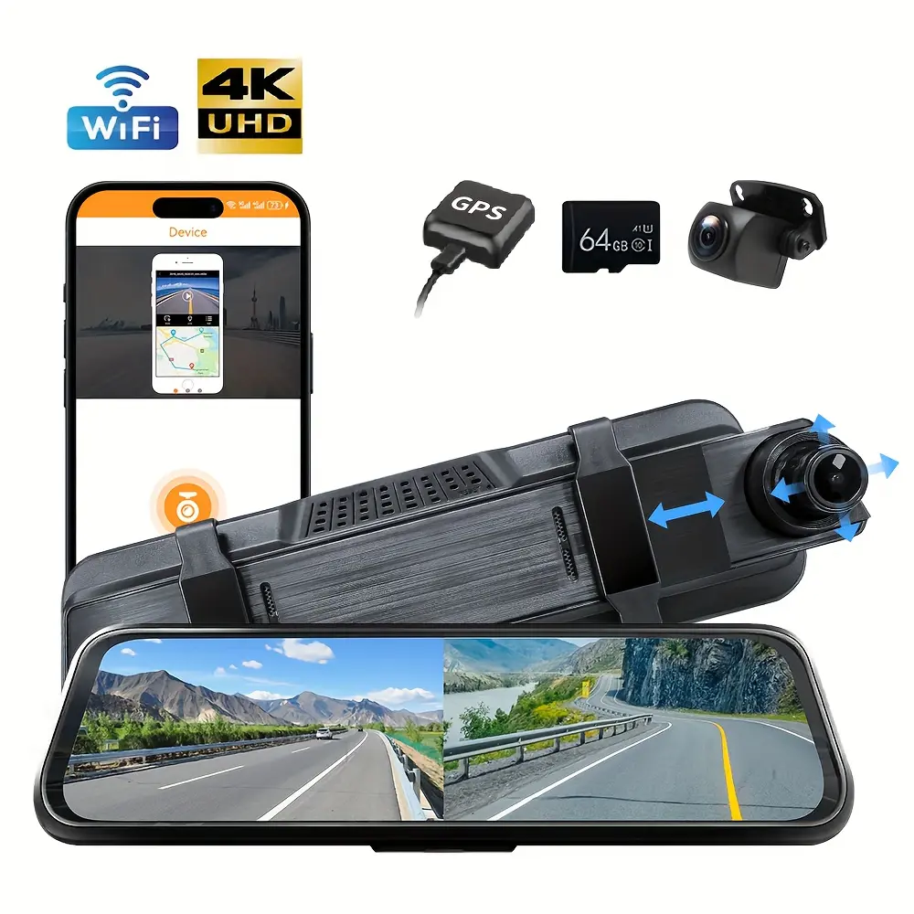 4K Mirror Dash Cam 9.66 Inch UHD Front Rear Dual Camera 2160P Night Vision Car DVR with WiFi GPS 64GB Memory Card Smart Rearview Mirror Dashcam Parking Assist Loop Recording G Sensor Wide Angle Video Recorder for Cars Trucks Ride Share Drivers Road Safety