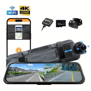 4K Mirror Dash Cam 9.66 Inch UHD Front Rear Dual Camera 2160P Night Vision Car DVR with WiFi GPS 64GB Memory Card Smart Rearview Mirror Dashcam Parking Assist Loop Recording G Sensor Wide Angle Video Recorder for Cars Trucks Ride Share Drivers Road Safety