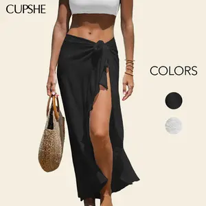 CUPSHE TikTokShopSpringGlowUp Sheer Cover Ruffled Maxi Women Swimsuit Cover-Up Sarong Classic Beachwear Woven Self Tie Side Asymmetrical Hem Swimwear Bathing Suits White