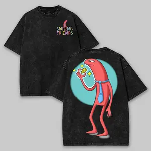 Allan Red Smiling Friends Tee Washed Cotton Graphic Shirt for Men, Smooth Streetwear Print, Casual Classic Cartoon Style Top