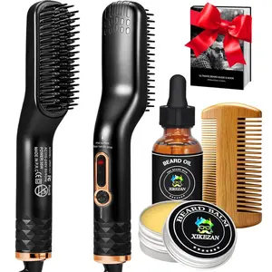 Beard Straightener for Men w/Beard Oil, Balm, Comb & E-Book for All Beard Type,w/Dual Voltage Travel-Friendly,Auto Shut-Off,Anti-Scald Feature Heated Straightening Brush Kit,Unique Gifts for Men Him