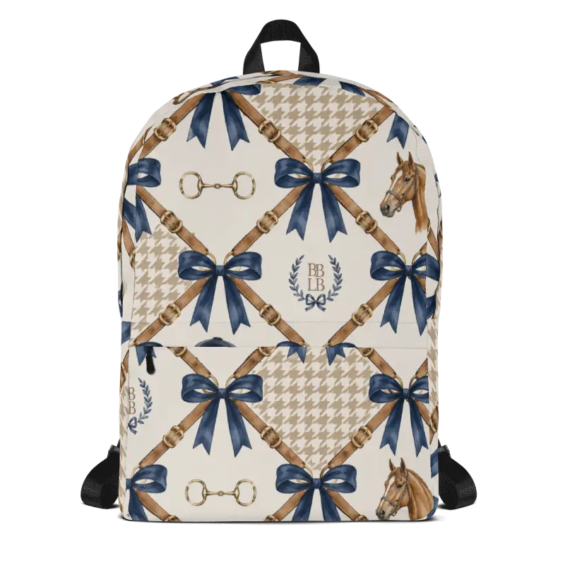 Female Blue Ribbon Equestrian Backpack, Classic Houndstooth Design, Zipper Closure, Padded Sleeve for Gear, Polyester, Travel