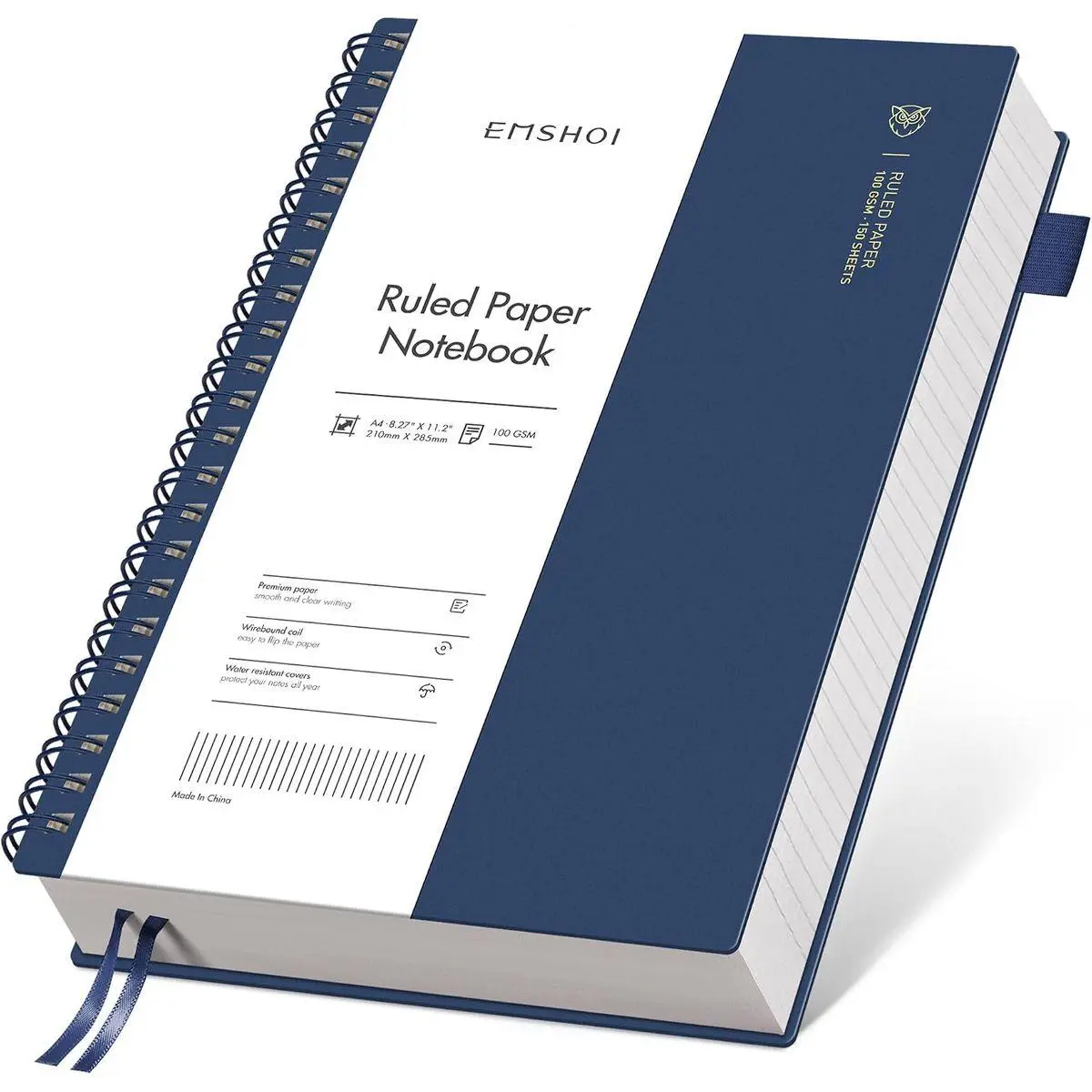 Lined Spiral Journal Notebook, 300 Pages, A4 Size (8.2'' x 11.2'') | College Ruled, 100 GSM Thick Paper, Flexible Plastic Cover, for School, Writing, Work, Office & Journaling (Navy Blue)