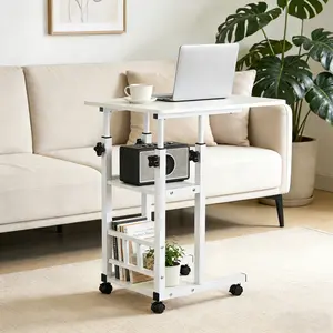 C Shaped End Table Height Adjustable - Couch Side Table with Charging Station, TV Tray with Wheels Slide Under Sofa for Small Spaces, Living Room Bedroom, Rustic Brown White