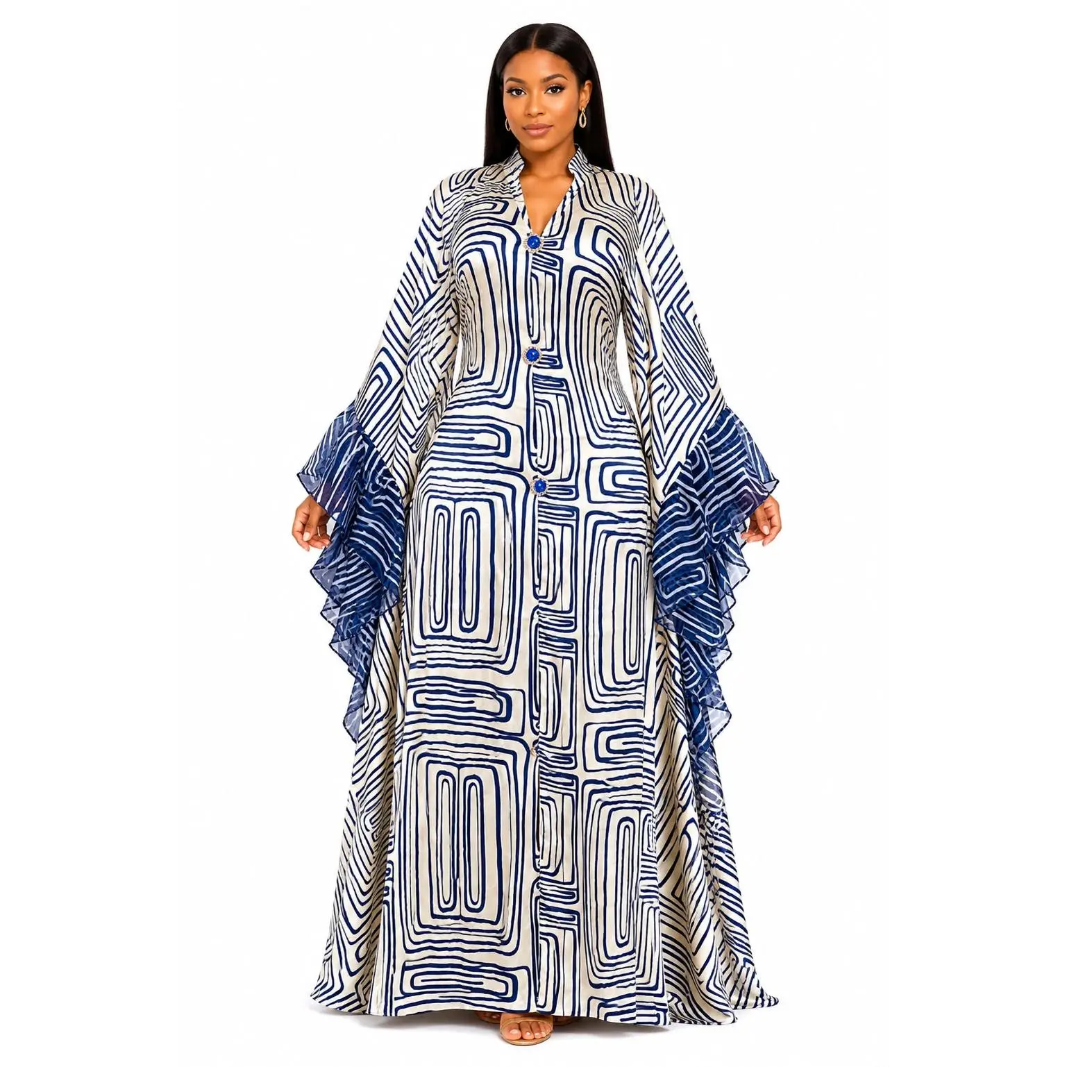 Kaftan Bleu Prestige à Motifs Graphiques