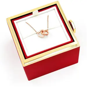 Uloveido Personalized Double Heart Necklace for Couples | Engraved Two Names Stainless Steel Interlocking Love Pendant | Rose Gold Gold Silver | Rotating Flower Gift Box