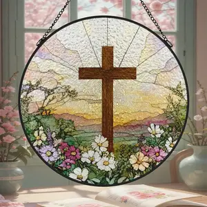 Stained Glass Cross & Wildflowers Suncatcher, Christian Hangable Ornaments, 3.5in/6.3in/7.8in Religious Home Decor Gift for Easter Faith Hangable Decoration Hanging Hook Light Box Christmas Frame Metal Window