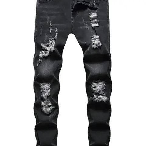 Men's Solid Color Ripped Jeans, Fashion Casual Comfy Slim-fitting Denim Pants, Pocket Zipper Pants for Daily Wear, Men's Bottoms for All Seasons, High Quality Jeans