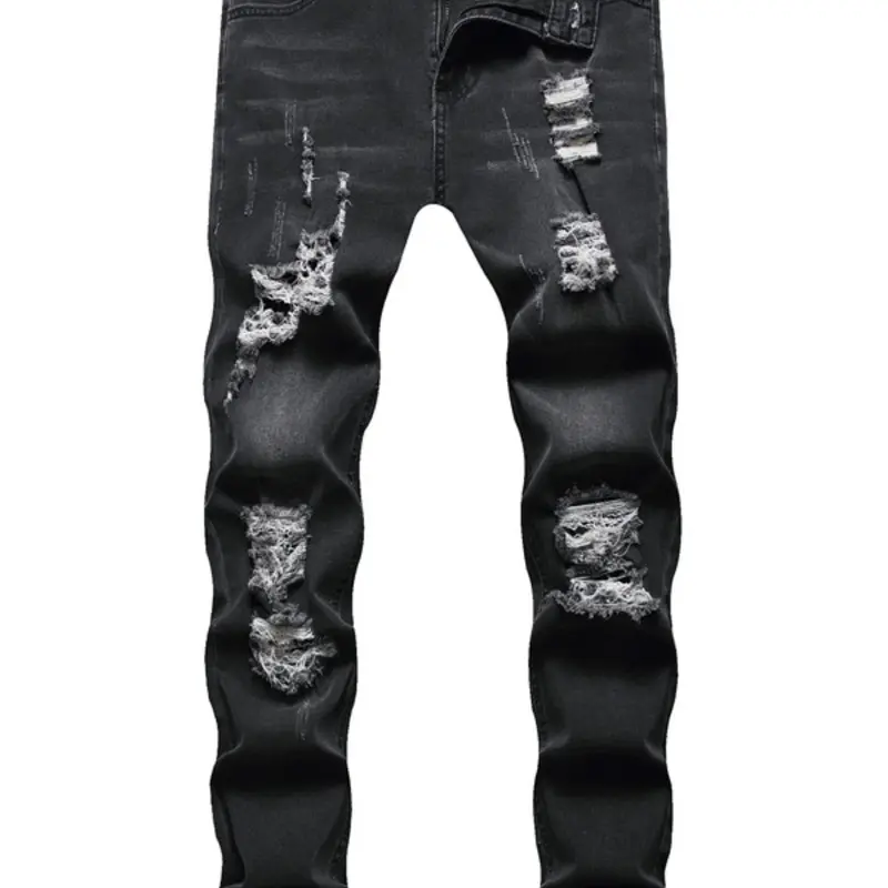 Men's Solid Color Ripped Jeans, Fashion Casual Comfy Slim-fitting Denim Pants, Pocket Zipper Pants for Daily Wear, Men's Bottoms for All Seasons, High Quality Jeans