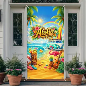Aloha Beach Van Flamingo Door Cover Decoration 71 x 35 in Holiday Tropical Rainbow Ukulele Summer Summer Door Banner Photo Backdrop Poster Sign Indoor...