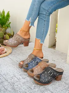 Embroidered Open Toe Block Heel Mule Sandals, Retro Buckle Mid Heel Clogs