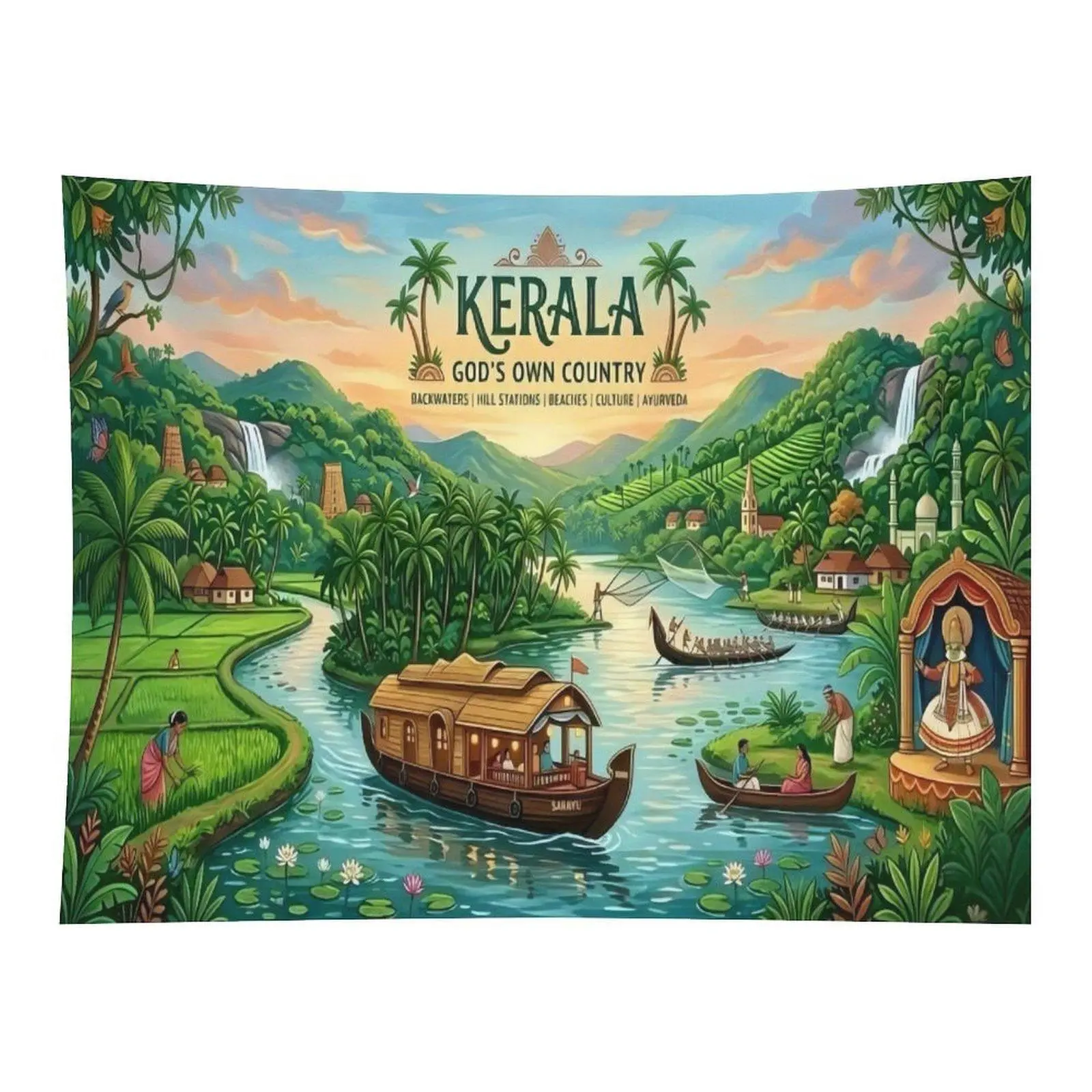 Kerala India Tropical Backwater Houseboat Waterfall Coconut Tree Traditional Culture Wall Tapestry Wall Hanging, Exotic Travel Green Nature Landscape Decor for Living Room Ornament
