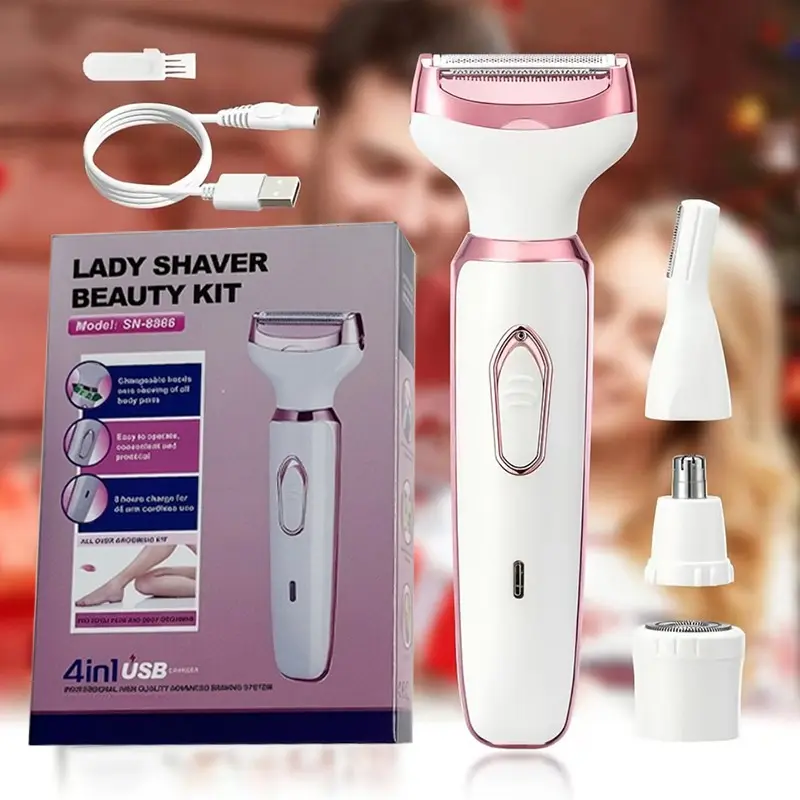 4-in-1 multi-functional electric hair removal device, Rechargeable Shaver, Cordless Rechargeable Shaver, designed for women, All-body water-washable hair trimmer, Facial eyebrow, lip, bikini line and private area trimmer