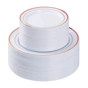 GOODLUCK 200PCS White Plastic Plates with Double Rose Gold Rim 100 Large Dinner & 100 Small Dessert Plates Elegant Durable Disposable Tableware for Christmas Weddings Birthdays and Holiday Parties BPA-Free & Sturdy - Gatherings